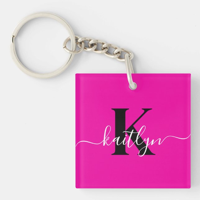 Modern Hot Pink Black Script Monogram Key Ring (Front)