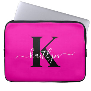 Modern Hot Pink Black Script Monogram Laptop Sleeve