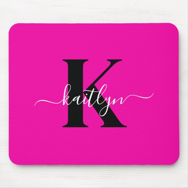 Modern Hot Pink Black Script Monogram Mouse Pad (Front)