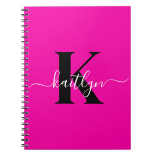 Modern Hot Pink Black Script Monogram Notebook