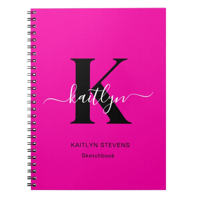 Modern Hot Pink Black Script Monogram Notebook (Front)