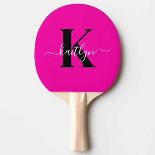 Modern Hot Pink Black Script Monogram Ping Pong Paddle