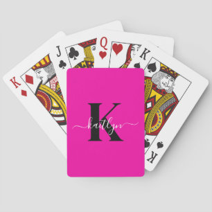 Modern Hot Pink Black Script Monogram Playing Cards