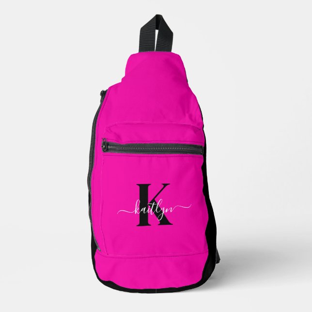 Modern Hot Pink Black Script Monogram Sling Bag (Front)