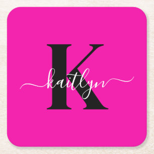 Modern Hot Pink Black Script Monogram Square Paper Coaster