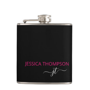 Modern Hot Pink Black Simple Script Monogram Name Hip Flask