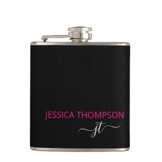 Modern Hot Pink Black Simple Script Monogram Name Hip Flask