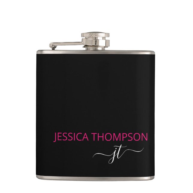 Modern Hot Pink Black Simple Script Monogram Name Hip Flask (Front)