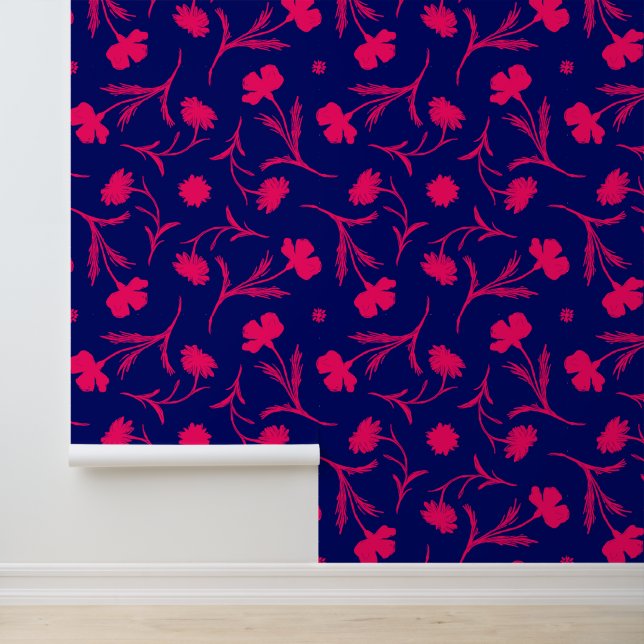 Modern Hot Pink & Blue Floral Liberty Pattern Navy Wallpaper (Application)