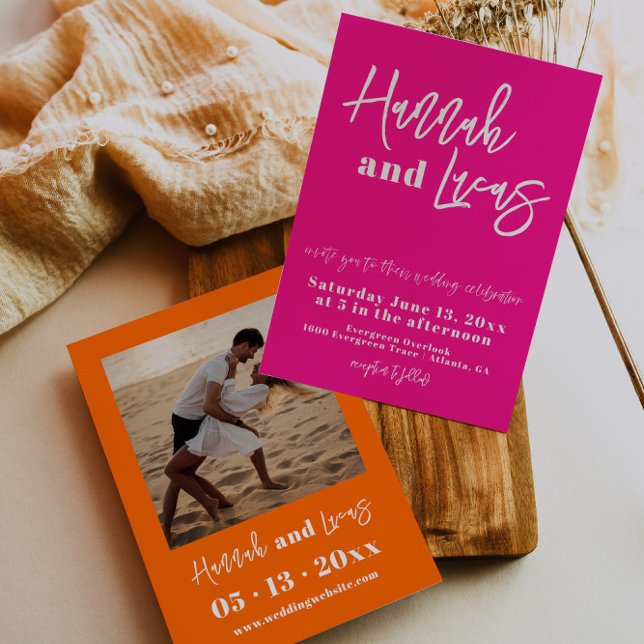 Modern Hot Pink Bold Photo Wedding Invitation (Creator Uploaded)