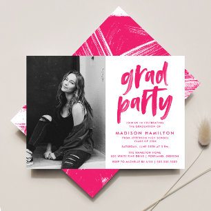 Modern Hot Pink Brush Script Photo Grad Party Invitation