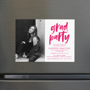 Modern Hot Pink Brush Script Photo Grad Party Magnetic Invitation
