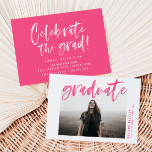 Modern Hot Pink Brushed Script Graduation Party Invitation