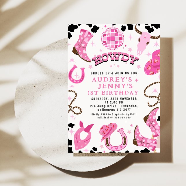 Modern Hot Pink Disco Twins Cowgirls 1st Birthday  Invitation (Pink Disco Twin Cowgirls 1st birthday Invitation, Disco Ball Western Howdy Twin Girls Cowgirl Party)