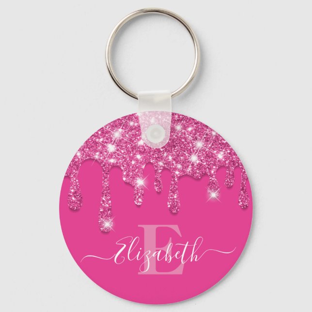 Modern Hot Pink Drips Glitter Monogram Key Ring (Front)