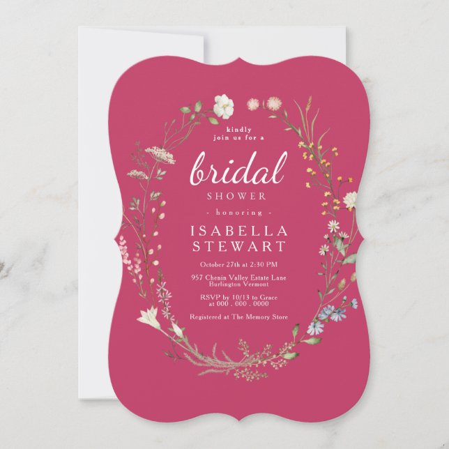 Modern Hot Pink Elegant Wildflower Bridal Shower Invitation (Front)
