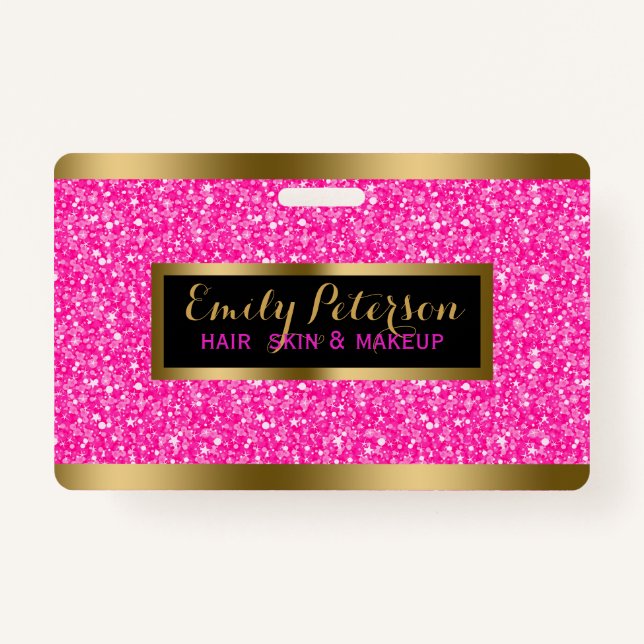 Modern Hot Pink Faux Glitter Gold Accents ID Badge (Back)