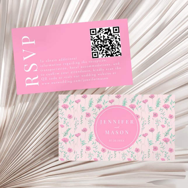Modern hot pink floral wedding RSVP QR code cards (Creator Uploaded)