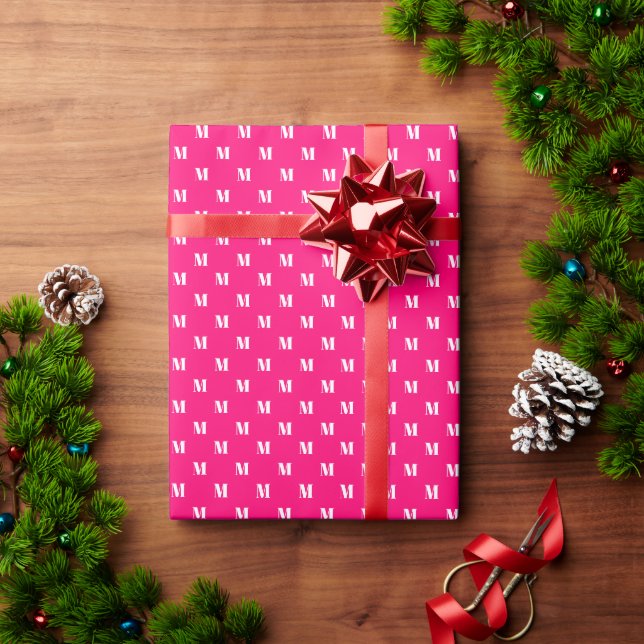 Modern hot pink fuchsia custom monogram pattern wrapping paper (Holiday Gift)