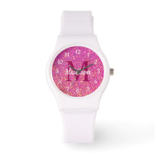Modern Hot Pink Glitter Monogram Girls Custom Watch