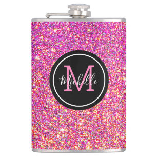 Modern Hot Pink Glitter Monogrammed Personalized Hip Flask