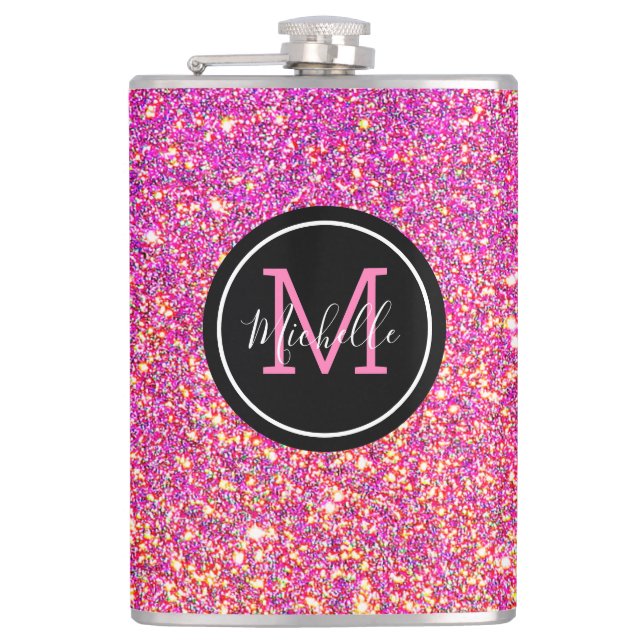 Modern Hot Pink Glitter Monogrammed Personalized Hip Flask (Front)