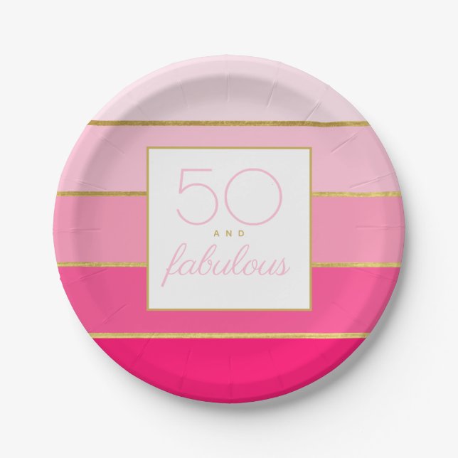 Modern Hot Pink & Gold 50 and fabulous birthday Paper Plate (Front)