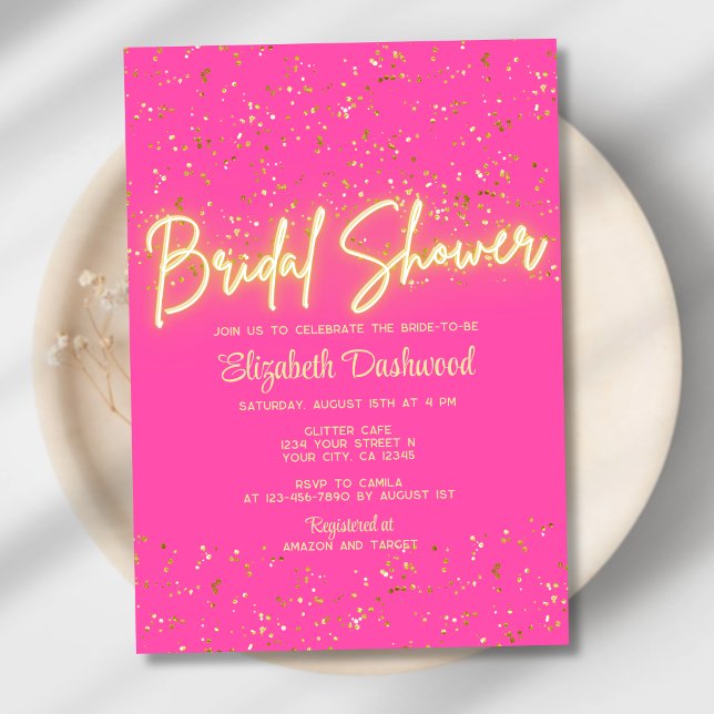 Modern Hot Pink Gold Neon Glow Bridal Shower Invitation (Creator Uploaded)