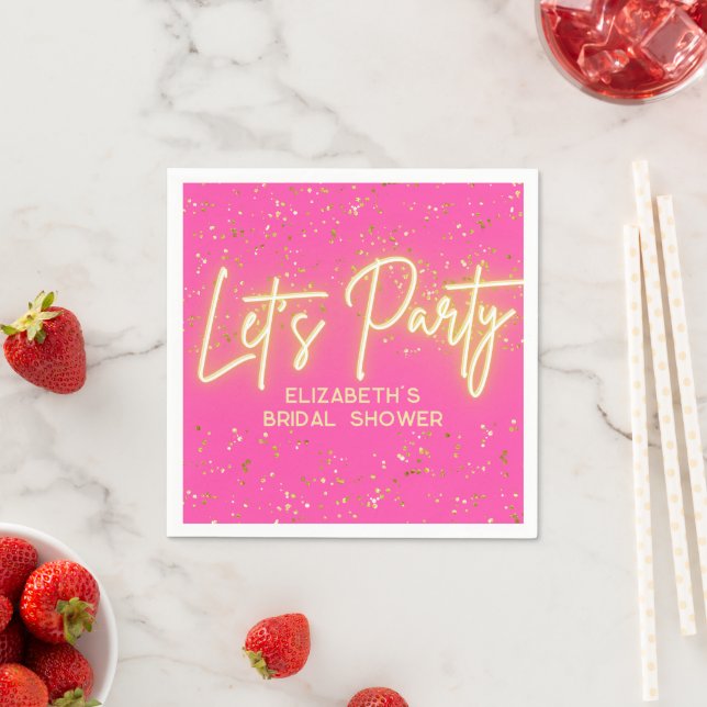 Modern Hot Pink Gold Neon Glowing Let's Party Napkin (Insitu)