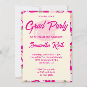 Modern Hot Pink Ivory Floral Photo Grad Party Invitation