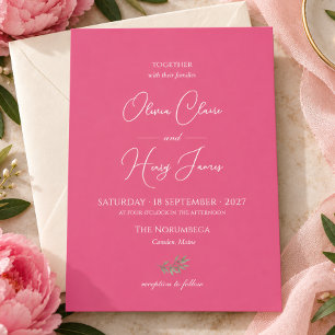 Modern Hot Pink Ivory Script Wedding Invitation