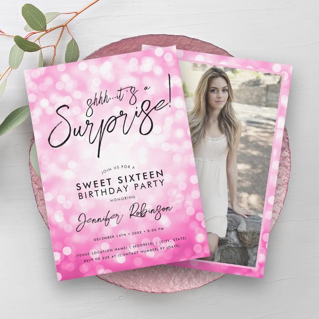 Modern Hot Pink Lights Photo Surprise Sweet 16 Invitation (Modern Hot Pink Lights Photo Surprise Sweet 16 Invitation)