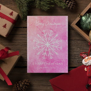 Modern Hot Pink Merry Christmas New Year Snowflake Holiday Card