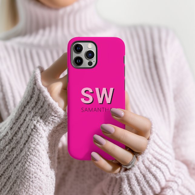 Modern hot pink monogram first name Case-Mate iPhone case (Hot pink personalized monogram phone case)