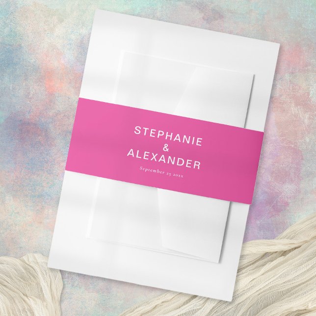 Modern Hot Pink Names Date Wedding Invitation Belly Band (Creator Uploaded)
