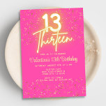 Modern Hot Pink Neon Glow Gold Glitter 13 Birthday Invitation<br><div class="desc">Feminine birthday party design in bright hot pink with neon glow and faux gold glitter.</div>