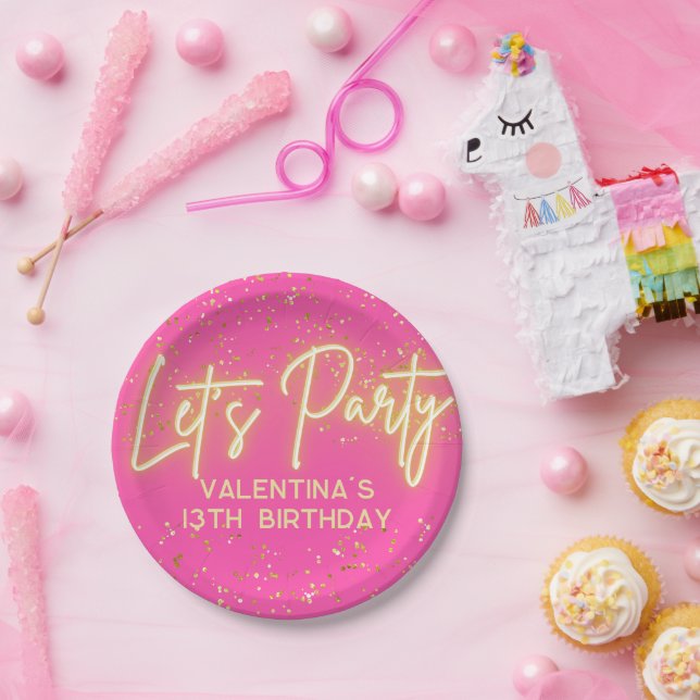 Modern Hot Pink Neon Glowing Let's Party Birthday Paper Plate (Party)
