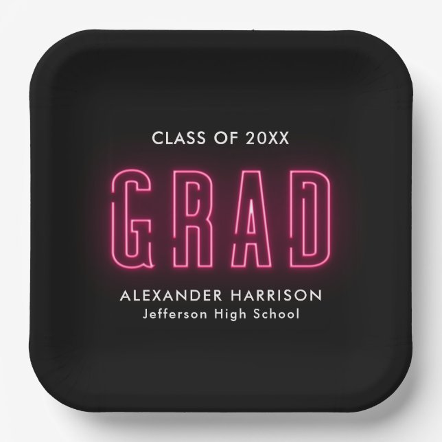 Modern Hot Pink Neon Graduation Paper Plate (Front)