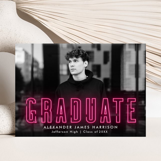 Modern Hot Pink Neon Photo Graduation Announcement (Creator Uploaded)