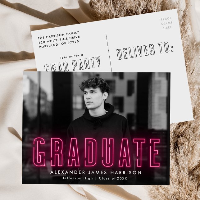 Modern Hot Pink Neon Photo Graduation Party Invitation Postcard (Creator Uploaded)