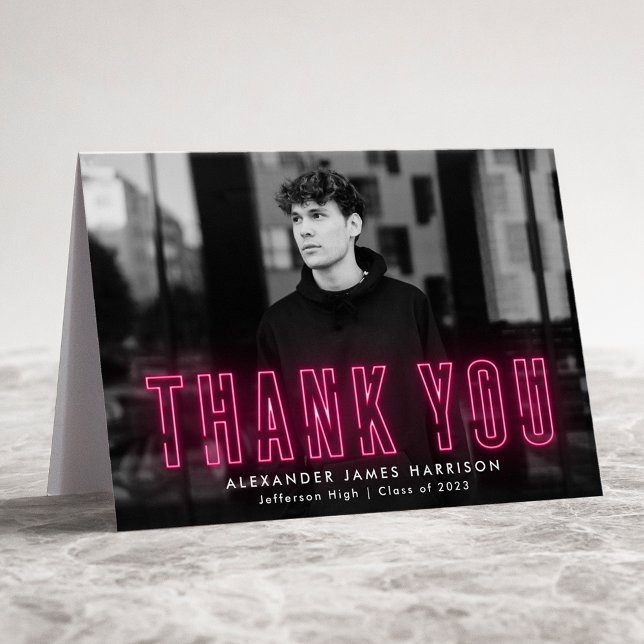 Modern Hot Pink Neon Photo Graduation Thank You Card (Creator Uploaded)