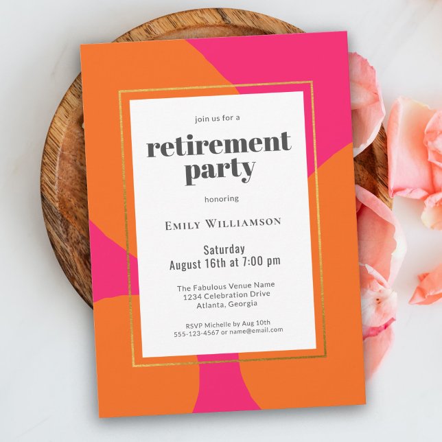 Modern Hot Pink Orange Abstract Retirement Party Invitation (Available as printed and paperless digital download!)