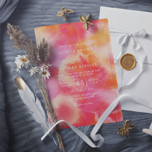 Modern hot Pink Orange watercolor QR Code Wedding Invitation