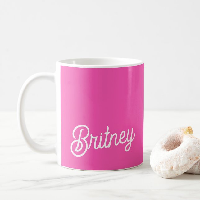 Modern Hot Pink  Personalised Monogram and Name  Coffee Mug (With Donut)