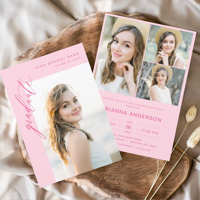 Modern Hot Pink Photo Graduation Party Invitation (Creator Uploaded)