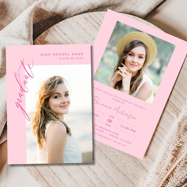Modern Hot Pink Photo Graduation Party Invitation (Creator Uploaded)