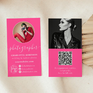 Modern hot pink photo qr code logo photographer business card
