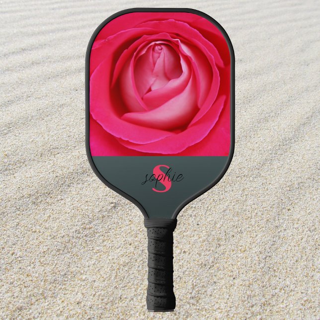 Modern hot pink rose with name Pickleball Paddle (Creator Uploaded)