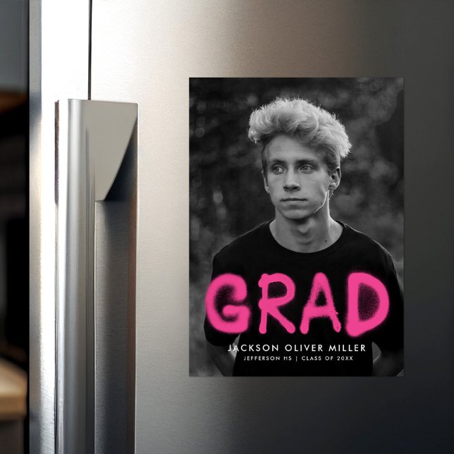 Modern Hot Pink Spray Paint Photo Graduation Magnetic Invitation (Creator Uploaded)