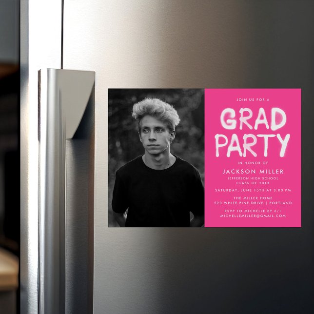 Modern Hot Pink Spray Paint Photo Graduation Party Magnetic Invitation (Creator Uploaded)